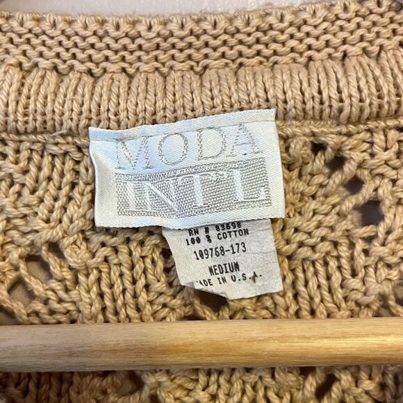 Vintage Open Knit Scalloped V Neck Cotton Cottagecore Sweater Beige Tan Medium - Picture 2 of 8